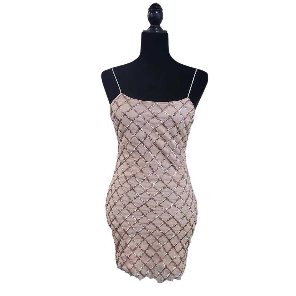 showpo beige dress Harleen Asymmetrical Trim Mini Dress in Beige